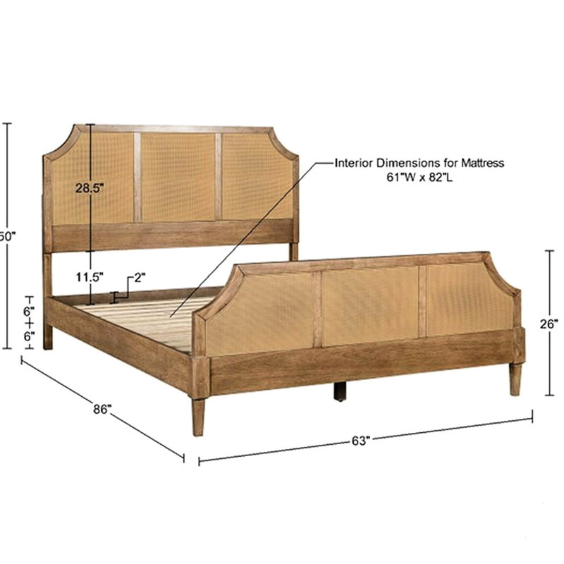 Grand lit plateforme tissé Cane avec structure en bois massif et panneaux synthétiques - Décoration moderne et aérée