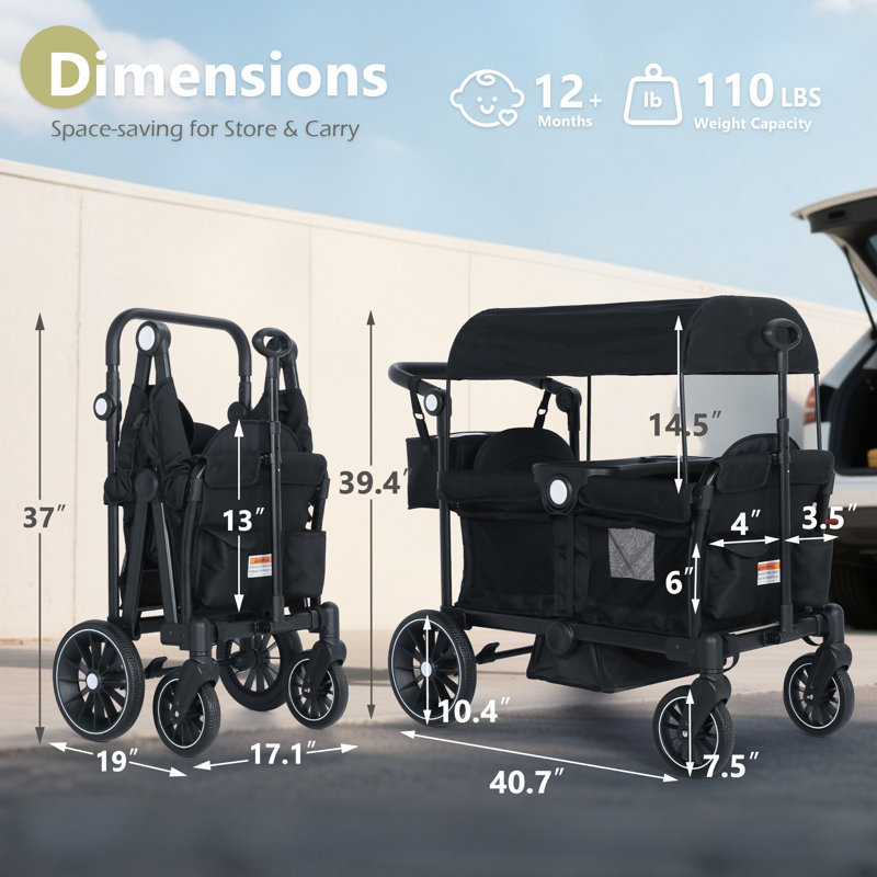 2-Seat Wagon Stroller, All-Terrain Foldable Stroller Wagon for Toddlers with Canopy, Snack Tray & Push/Pull Bar, Black
