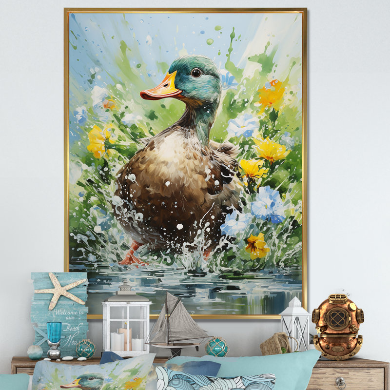 «Duck Springtime Splash Blooms», art mural canard, Cadre flottant doré, H 44 po x l 34 po x P 1,5 po