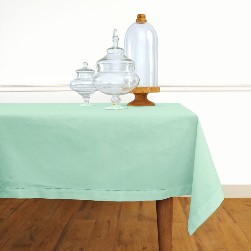 Cotton Linen Hemstitch Tablecloth, Aqua, 84" x 60"