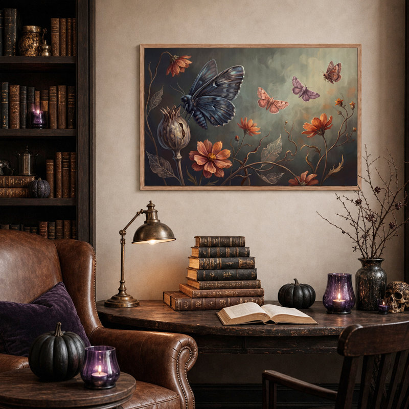 Art mural sur toile, grand papillon foncé et fleurs orange, H 24 po x l 36 po