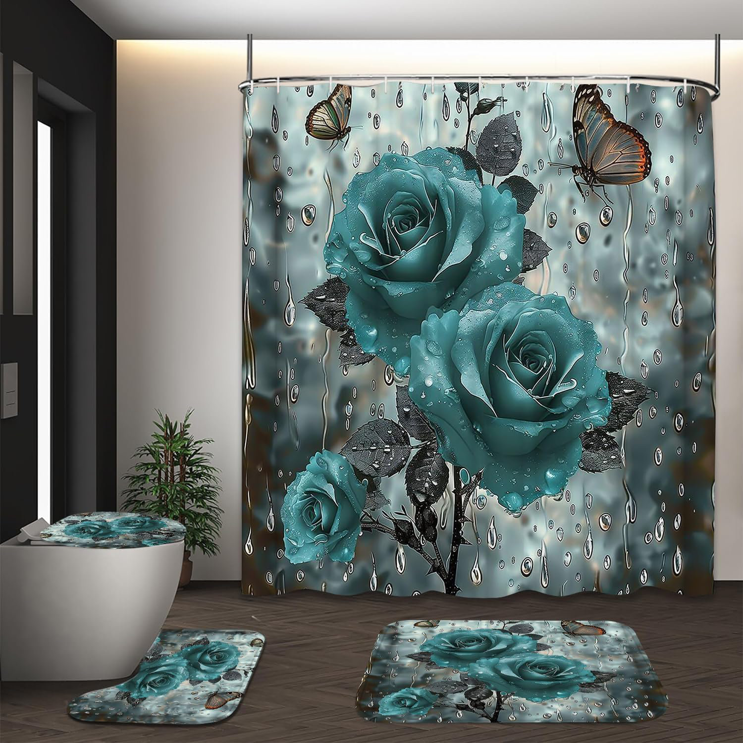 Winston Porter Yizheer Navy Blue Rose 4Pcs Bathroom Shower Curtain Sets