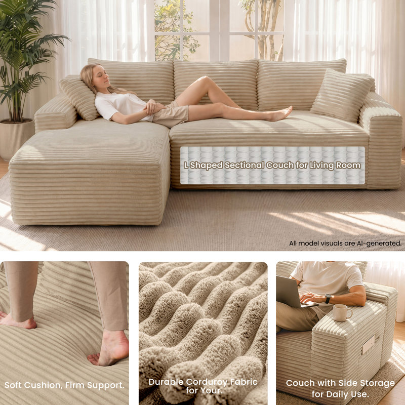 Canapé d'angle modulaire sans ossature de 241 cm (95 po) avec méridienne à gauche, assises profondes, couleur camel, Chameau