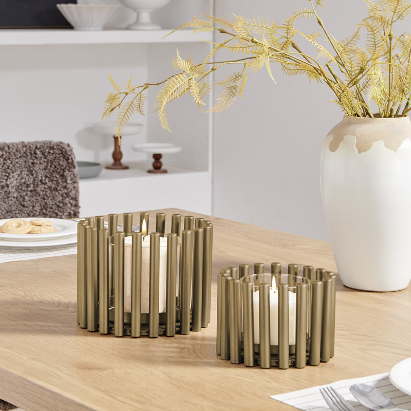 Pillar Ring Warm Gold Midcentury Modern Votive Hurricane Candle Holders - Set of 2