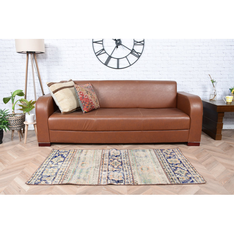 Handmade Blue And Beige Floral Pattern Turkish Area Rug For Bohemian Decor On Your Floor