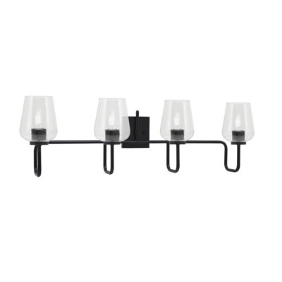Barre d'éclairage de salle de bain 4 lumières Amarmula, finition noir mat, verre à bulles transparent 5 po