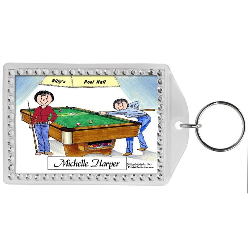 Personalized Friendly Folks Billiards, Pool Player - Female & Female Rhinestone Bordered Key Chain, Yes