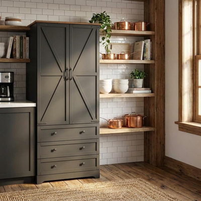 Farmhouse Kitchen Pantry Cabinet - 72" Tall Large Wood Kitchen Storage Cabinets with Adjustable Shelves & 2 Barn Doors & 3 Drawer, Versatile Storage for Dining Room, Bathroom, Living Room