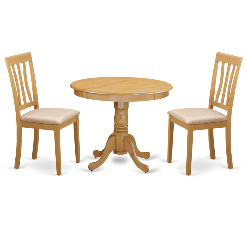 3 Piece Kitchen Table & Chairs Set Contains a Round Dining Room Table with Pedestal and 2 Linen Fabric Dining Room Chairs, Oak