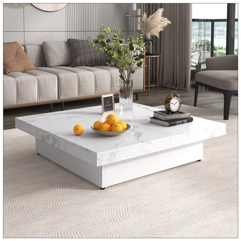 Table basse carrée en placage de marbre avec plateau coulissant et rangement, 39,4 pouces, élégante et fonctionnelle
