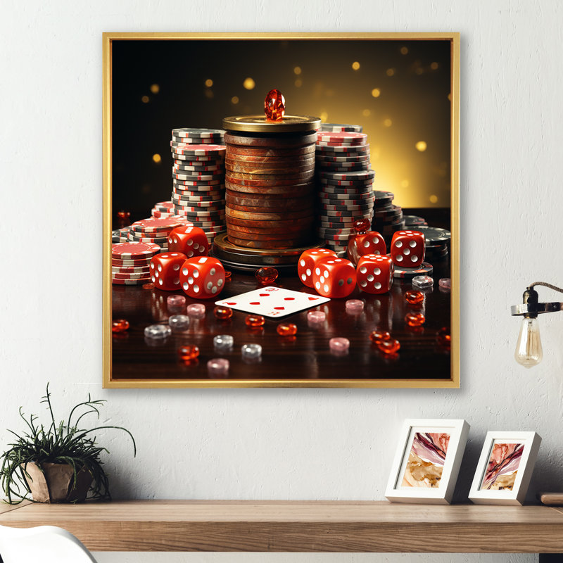 Art de jeu de casino «Poker III» - Casinos / traces de course, art mural, Cadre flottant doré, H 16 po x l 16 po