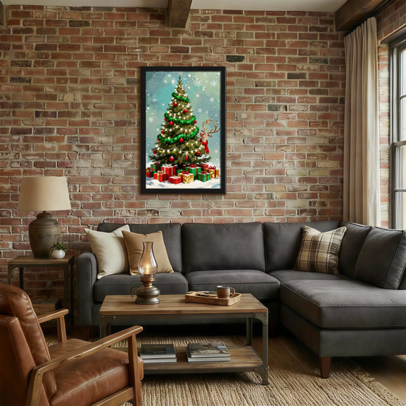 Noël, arbre de Noël, renne, neige, cadeaux, lumières, décorations, scène d'hiver