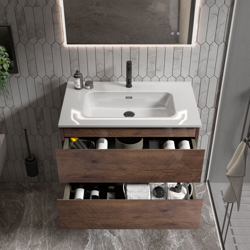 Meuble-lavabo simple de 30 po avec dessus en céramique avec trop-plein Kersha, pré-assemblé, Brun, 30", Trou simple