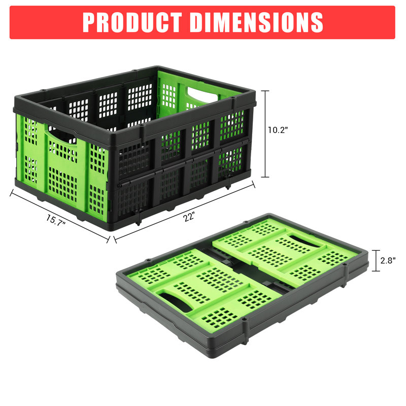 Collapsible Crate, 55L Foldable Plastic Milk Crate with Side Handles, Heavy Duty Stackable Containers Folding Storage Baskets for Food, Drinks, Books, Tools, Green