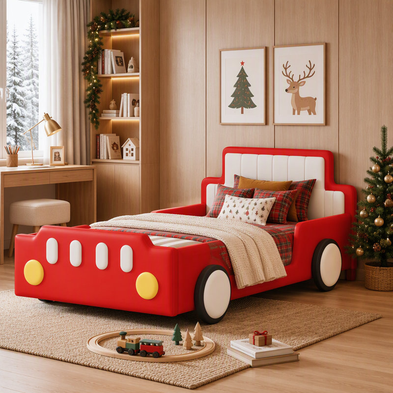 Trinx Race Car-Shaped Platform Bed with Wheels (Red)