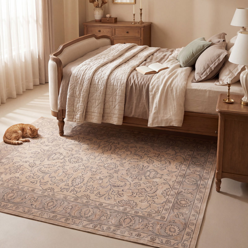 Tapis lavable à poils courts, motif floral traditionnel allover gris crème ivoire beige rose, antidérapant, pour intérieur et extérieur, adapté aux animaux domestiques, idéal pour le salon, chambre, salle à manger, entrée, couloir, bureau.