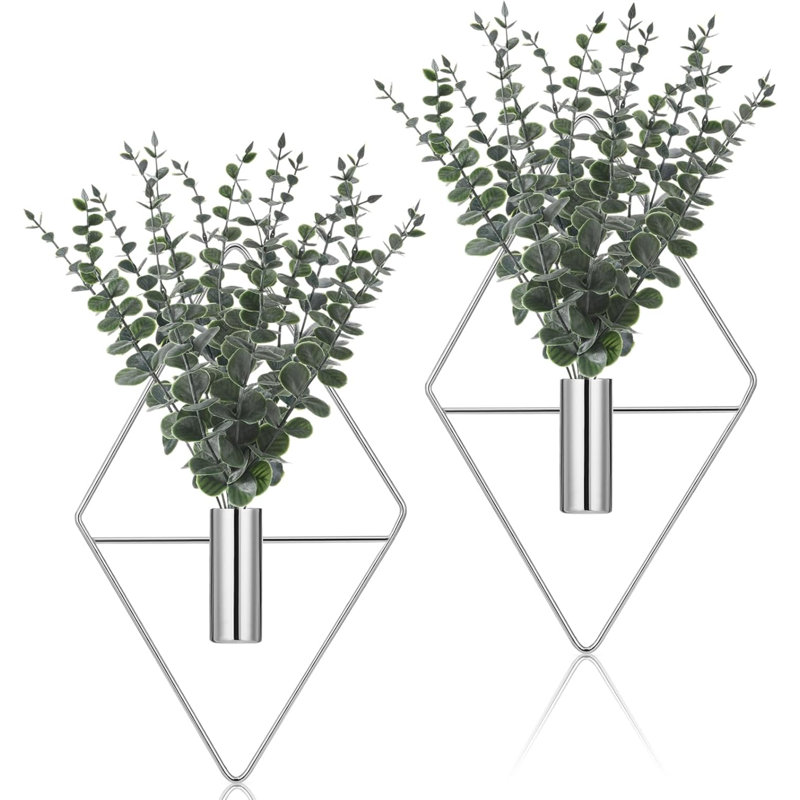 4 pots de fleurs suspendus avec eucalyptus artificiel, décoration murale en argent chromé, vase suspendu en métal, porte-plantes d'intérieur moderne, décor de salle de bain géométrique pour le bureau à domicile