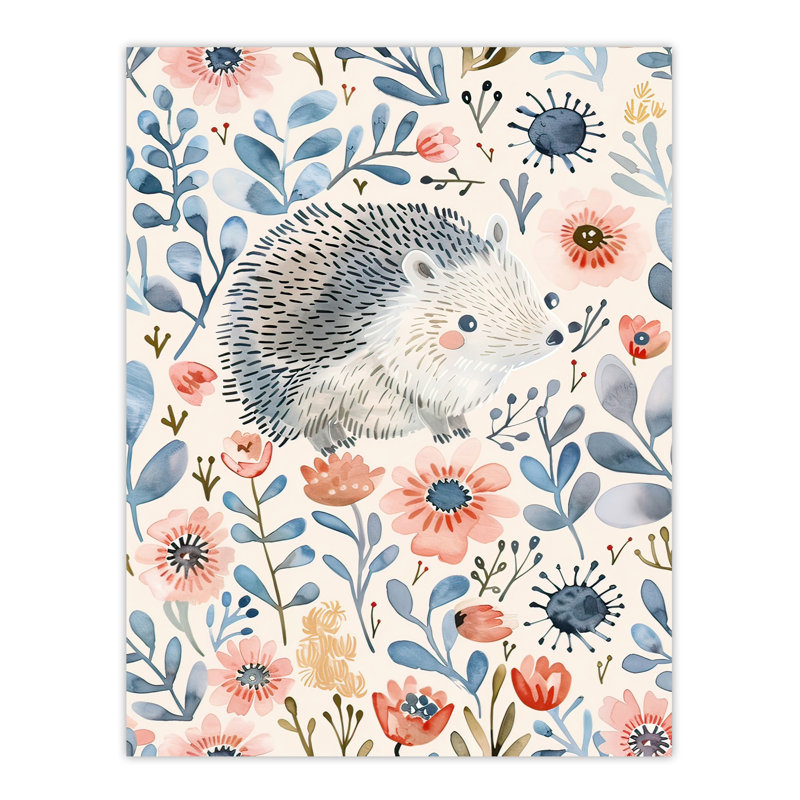 Cute Hedgehog with Flowers Watercolour Wall Art Print