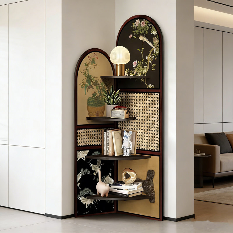 Tablette d'angle vintage en bois massif arqué à 2 panneaux avec art floral chinois et panneaux en rotin creux, armoire de rangement autoportante à 5 niveaux pour le salon de la chambre à coucher
