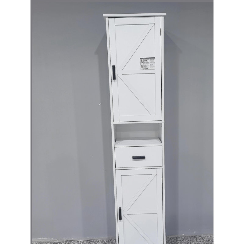 69" H Tall Storage Cabinet with 2 Barn Doors and 1 Drawer, Narrow Storage Unit with Adjustable Shelves, Floor Cabinet for Bathroom, Living Room, Kitchen