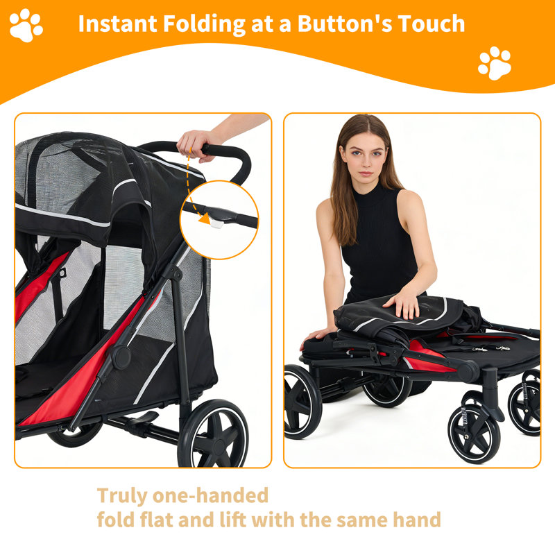 Poussette robuste pour grand chien - chariot tout-terrain pliable pour animaux de compagnie, roues amortissantes, double entrée, tapis lavable amovible, housse imperméable - noir-rouge