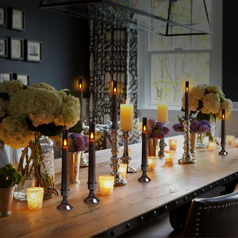 Upgraded Flameless Taper Candles With Remote,6 PC Acrylic Battery Operated Candles With Candlesticks,Flickering Led Window Candles For Home Table And Wedding Decor(Grey)