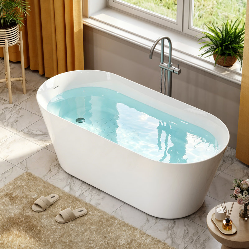 59'' x 27.5'' Freestanding Soaking Acrylic Bathtub With Side Drain,Reinforced Slim Apron Design, Brushed Nickel