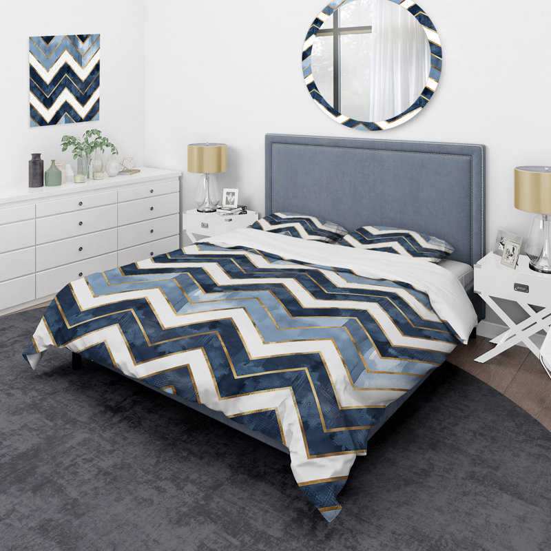 Ensemble de housse de couette transitionnel bleu doré à chevrons Glam V, Housse de couette pour grand lit + 2 taies décora