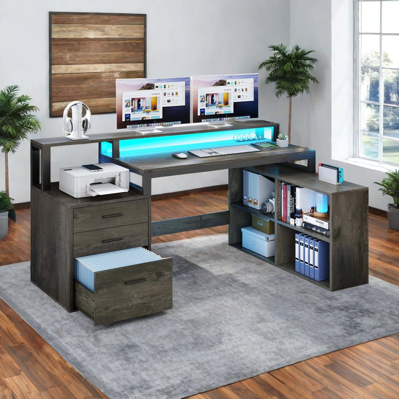 Bureau en L 65 po avec prises de courant, lumière DEL et support pour écran, Gris