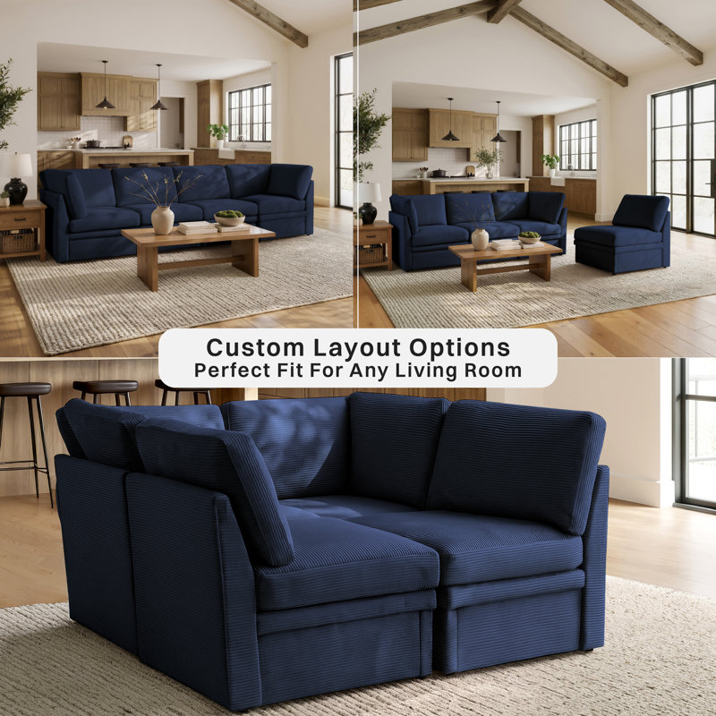 erta® Brady 95.6" Modular Sectional, Easy Assembly, Pocket Coil Comfort, Corduroy Fabric, Navy Corduroy