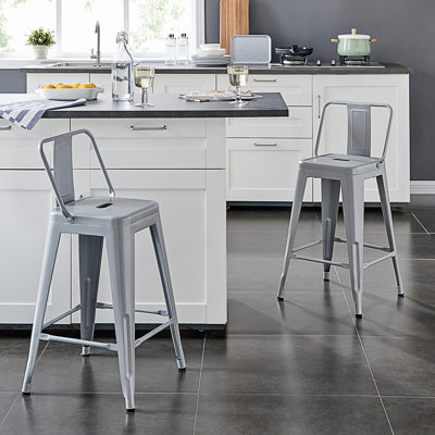 Set of 2 Industrial Metal Barstools with Bucket Back and 4 Leg Design