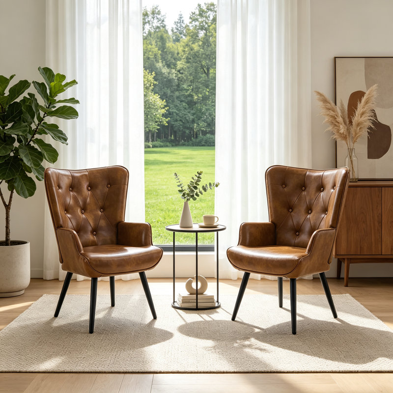Nalupatio Faux Leather Wingback Chair Mid-century Armchair, PU Leather Upholstered Tufted Button Chairs, Living Room Reading Wingback Armchair, Side Chair for Living Room Bedroom, Brown