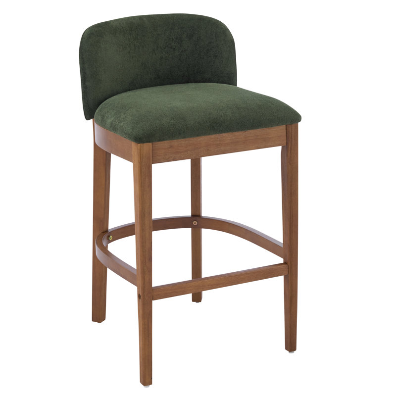 Tabouret de bar Mid-Century rembourré en bois d'hévéa avec dossier bas incurvé de 29 po Fleeton, Velours vert, 4