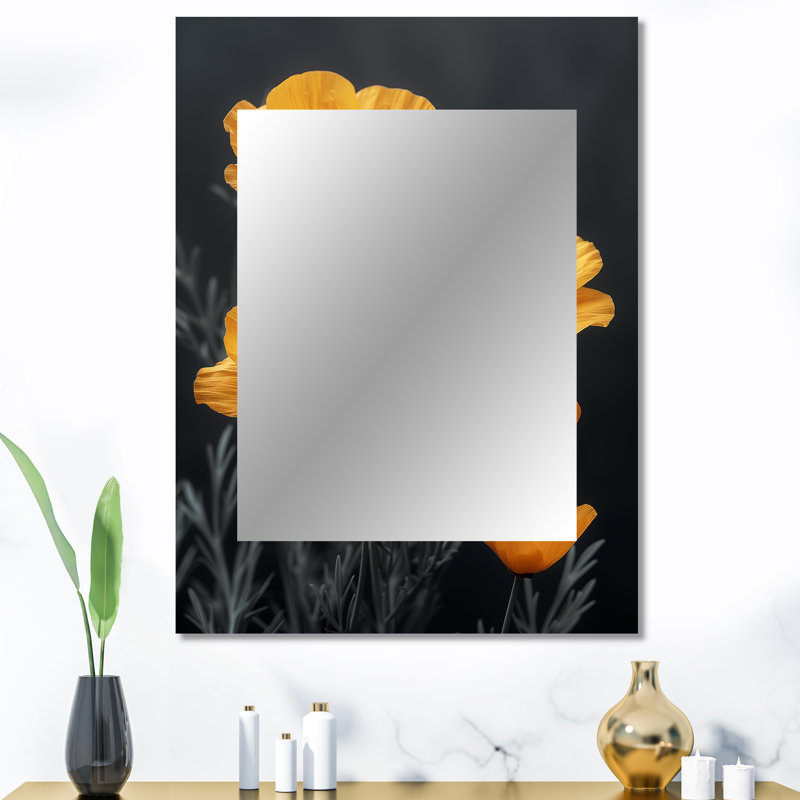 Yellow black Poppies Luminous Joy I - Poppies Decorative Mirror, Traditional Large Wall Mirror, Printed Metal Art, 40" x 30"
