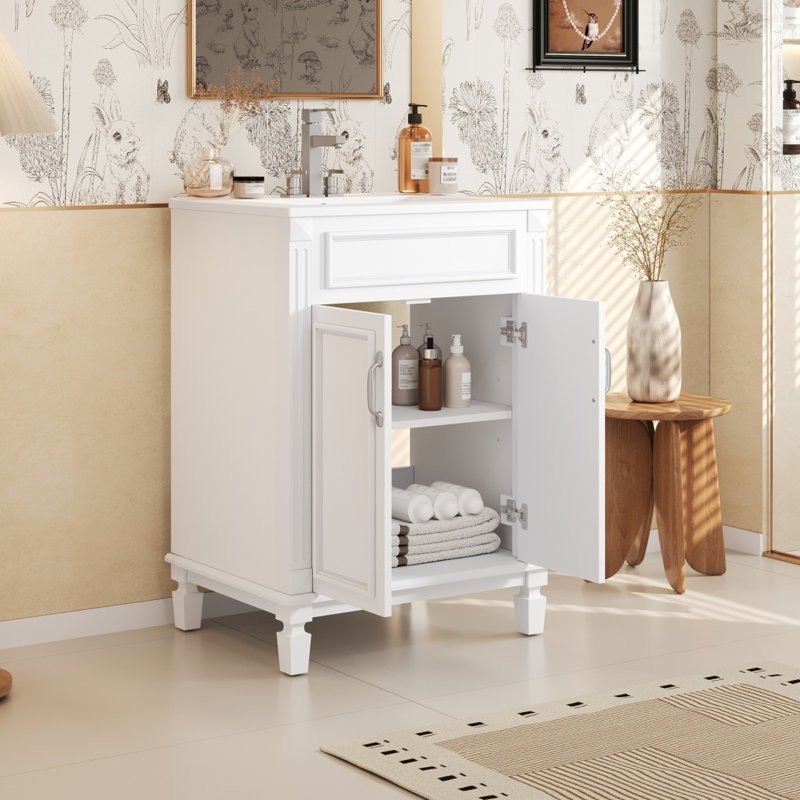 Meuble-lavabo 24 po avec lavabo supérieur, armoire de rangement moderne avec 2 portes à fermeture douce et tablette réglable, structure en bois massif