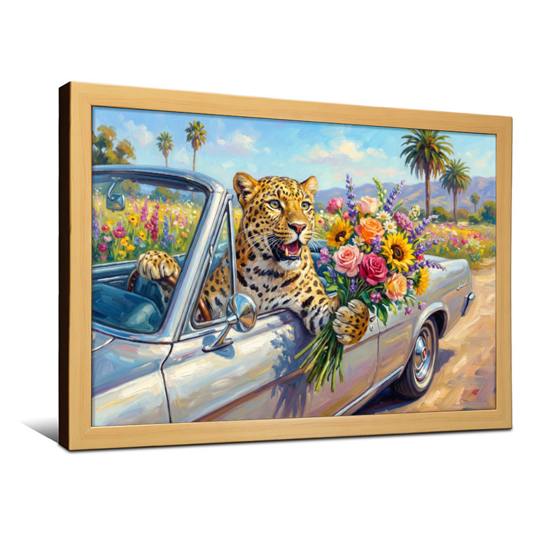 Animaux léopard dans une voiture avec des fleurs et des palmiers, H 12 po x l 18 po, Toile tendue, Ne s’applique pas