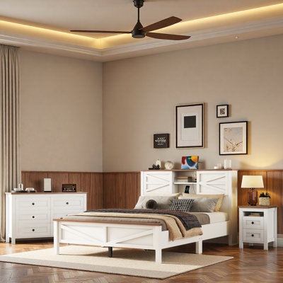 Ensemble de chambre à coucher 3 pièces, lit plateforme avec portes coulissantes, tête de rangement et station de charge, 1 table de chevet avec 2 tiroirs, 1 commode avec 6 tiroirs