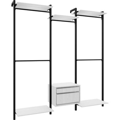 Wall-Mounted Closet Storage System with 2 Drawers, Adjustable Shelves And Hanging Rod, Modern Space-Saving Open Wardrobe for Various Spaces, Mounted Closet Systems