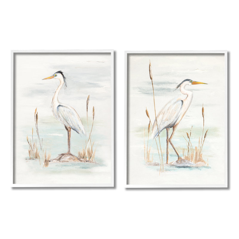 «Elegant Heron Birds Cattails Plants in Water» par Patricia Pinto - ensemble de 2 peintures, H 30 po x l 24 po x P 1,5 po