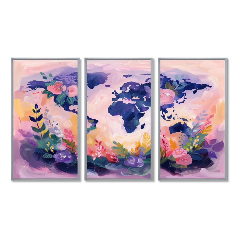 Carte mauve rose du monde «Blooms I» - ensemble d'art mural carte du monde, Toile argentée avec cadre flottant