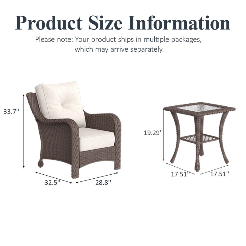 3 Piece Wicker Outdoor Furniture Set with 6-inch Comfy Cushions, High Back Patio Furniture Set with Rattan Armchairs and Side Table