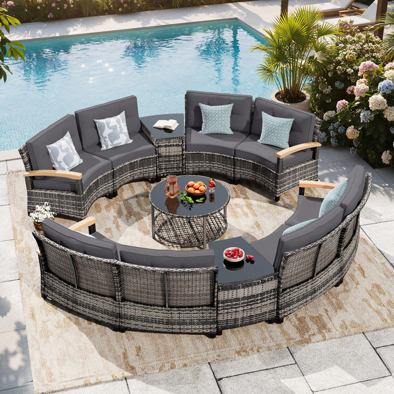 11 Piece Outdoor Patio Furniture Set, Half-Moon Curved Sectional Sofa Rattan Conversation Set With Wood Armrests, Coffee Table & 2 Side Table