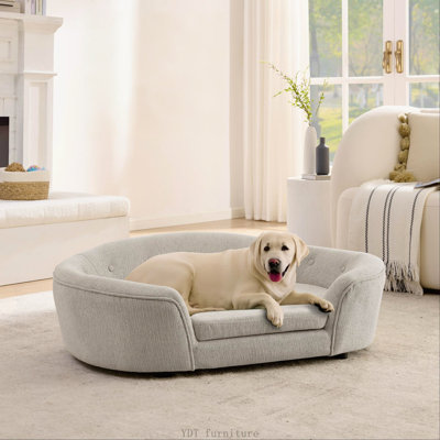 Canapé ovale semi-fermé pour chien surdimensionné, lin avec dossier capitonné (beige)