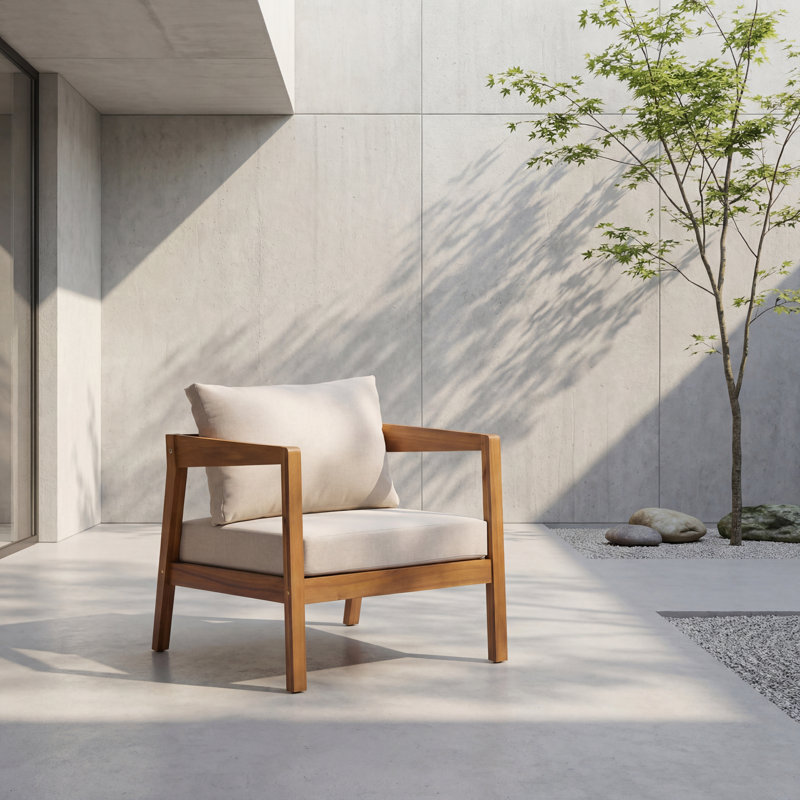 Ugarte 25" Height Modern Minimalist Acacia Wood Outdoor Lounge Chair with Cushions, Beige Cushion/Teak Frame