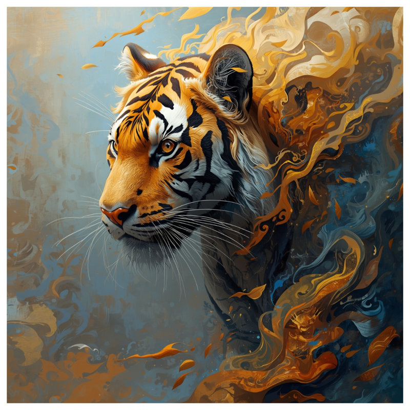 Tigre avec couvertures de flammes abstraites, 50in W x 60in H
