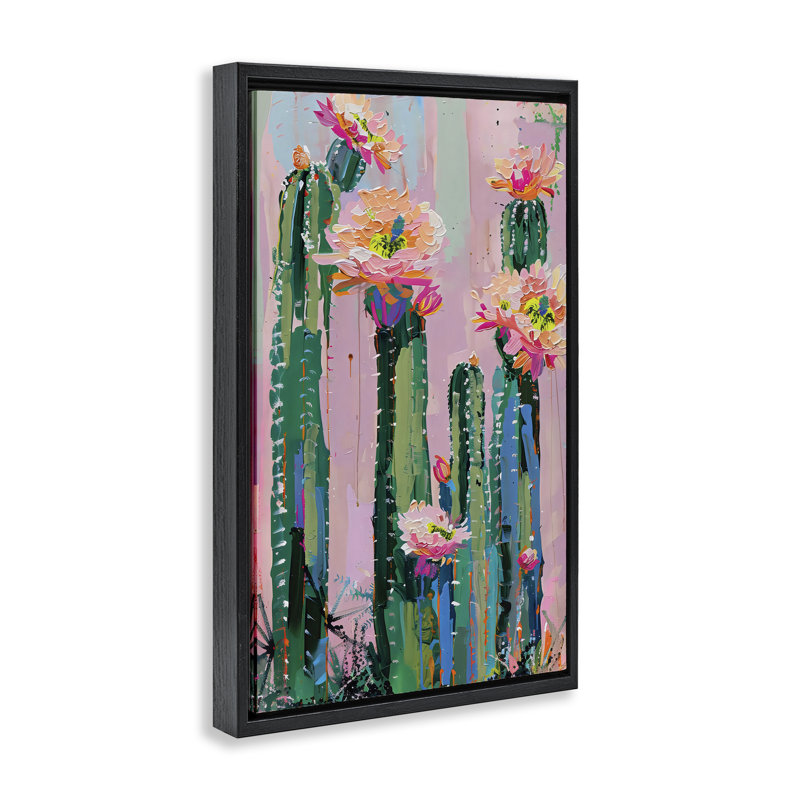 Fleurs vibrantes de cactus sur cadre flottant, design par LSR Design Studio, Cadre flottant noir de jais, H 25 po x l 17 po
