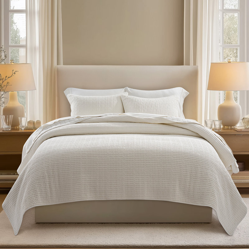 Ensemble de courtepointe 100% coton gaufré Stonewashed, Courtepointe grand + 2 couvre-oreillers standard, Blanc brillant