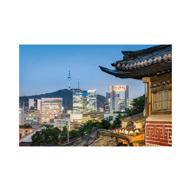 Historic Bukchon Hanok Village in Seoul with View of the N Seoul Tower and Namsan Mountain 1 Piece Wrapped Canvas Wall Art