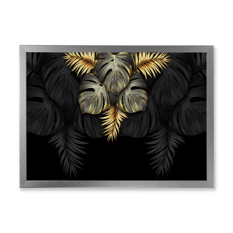 Feuilles tropicales noires et dorées IV - Impression sur toile, H 24 po x l 32 po x 1,5 po, Toile encadrée argentée