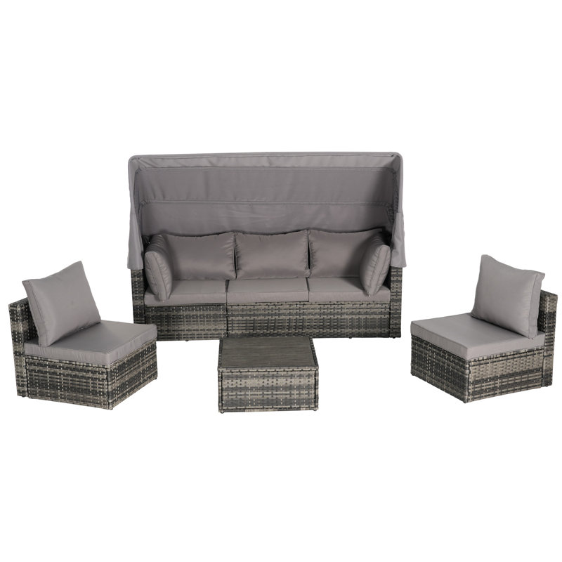 Lit de jour pour l'extérieur 5 pièces - Auvent rétractable, table d'appoint, coussins avec auvent et eau de table, sièges 6